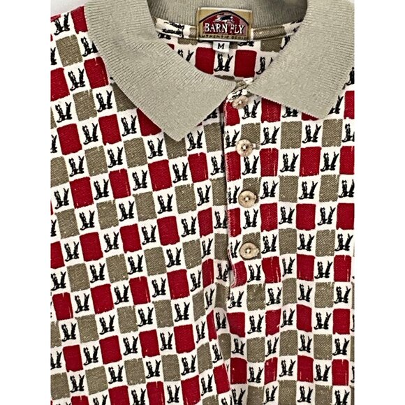 Barnfly Authentic Design Mens Polo Shirt M Red & Khaki Checkered Pattern - Picture 3 of 7